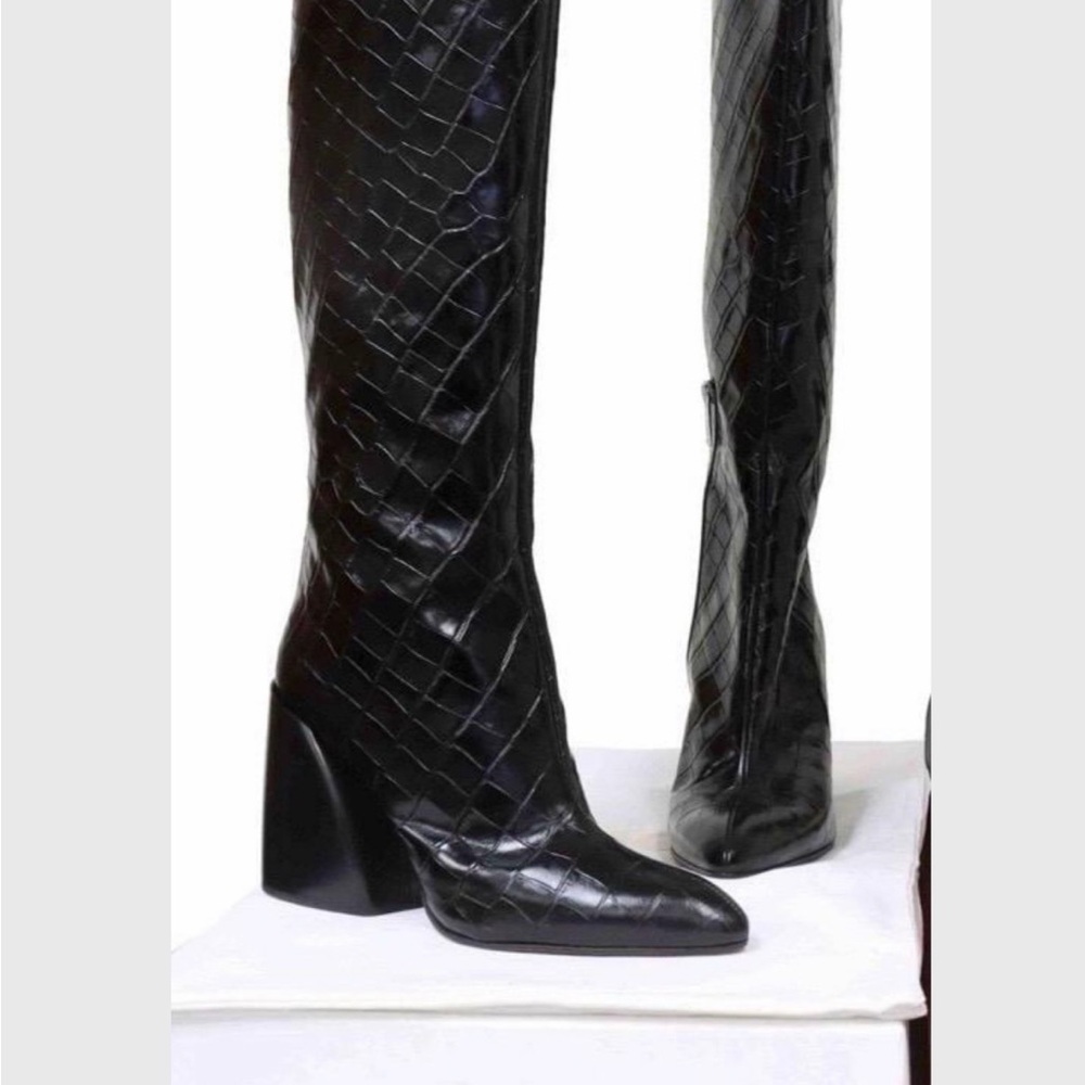 Chloe Wave Boots Black Embossed Croc with 4” heel Size 40